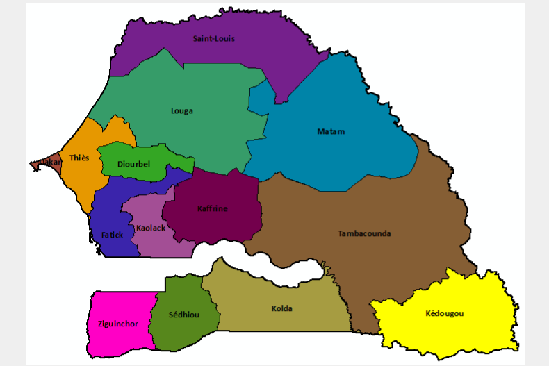 Carte du Sénégal - 14 régions