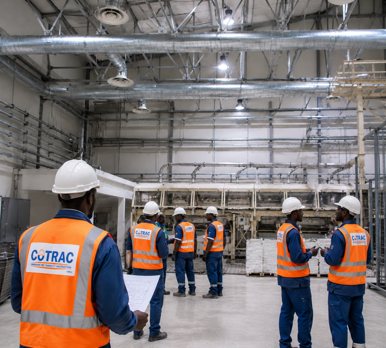 Équipe COTRAC en réunion technique dans un hangar avec réseau VMC