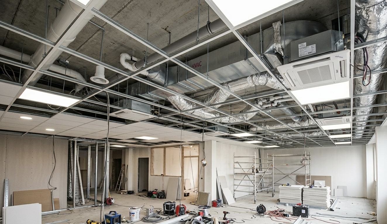 Réseau de gaines VMC installé en faux plafond technique
