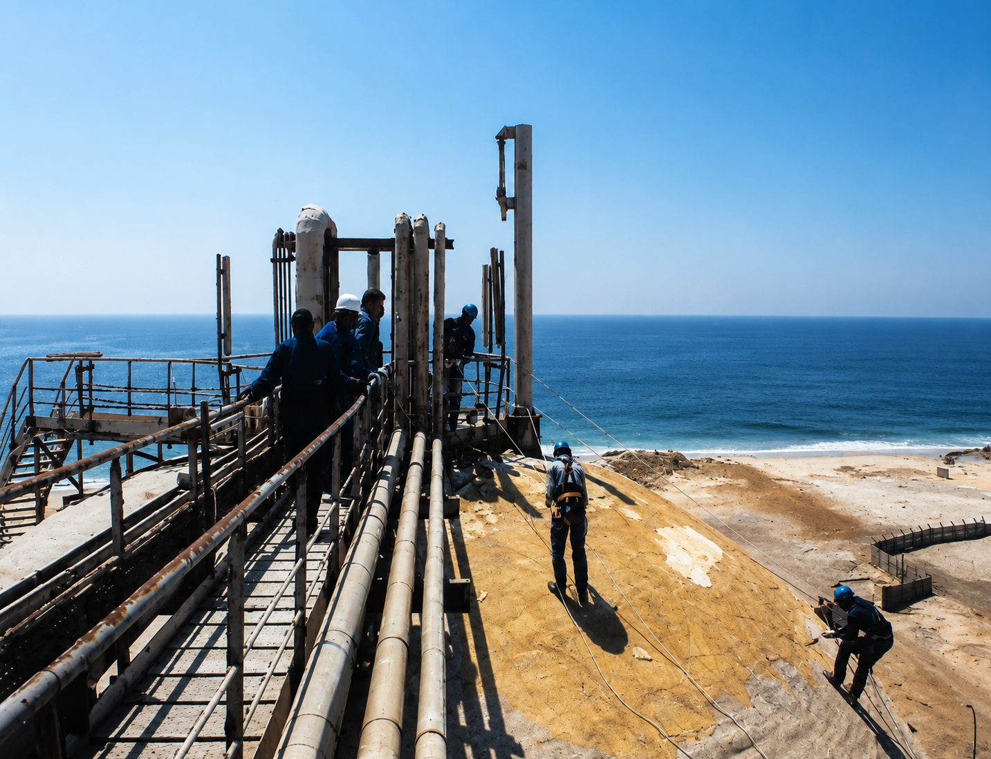 Chantier de pipeline en bord de mer