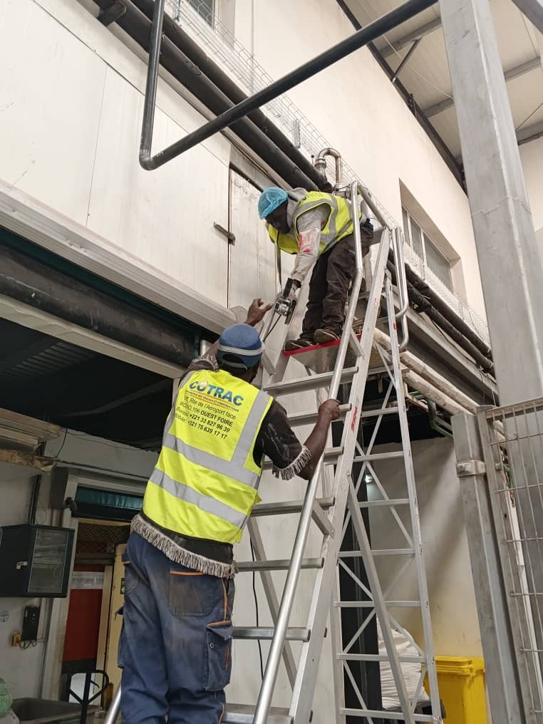 Travail en hauteur sur échelle en intérieur d'usine ICS